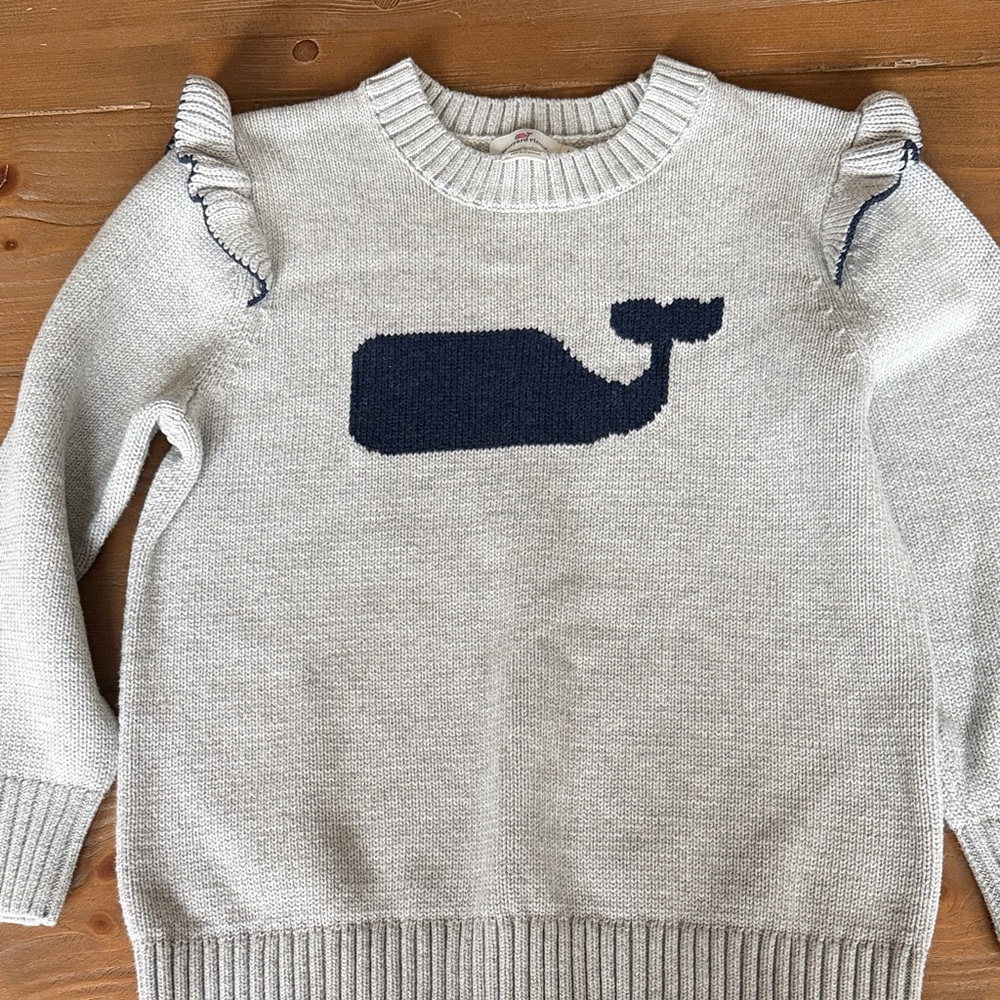 Girls Gray with Navy Whale Intarsia Crewneck Sweater